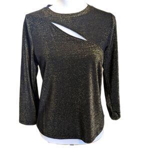 DKNY black & gold stretch metallic sparkle long sleeved t shirt with cutout M